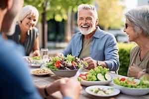 an older man enjoying a healthy meal with friends